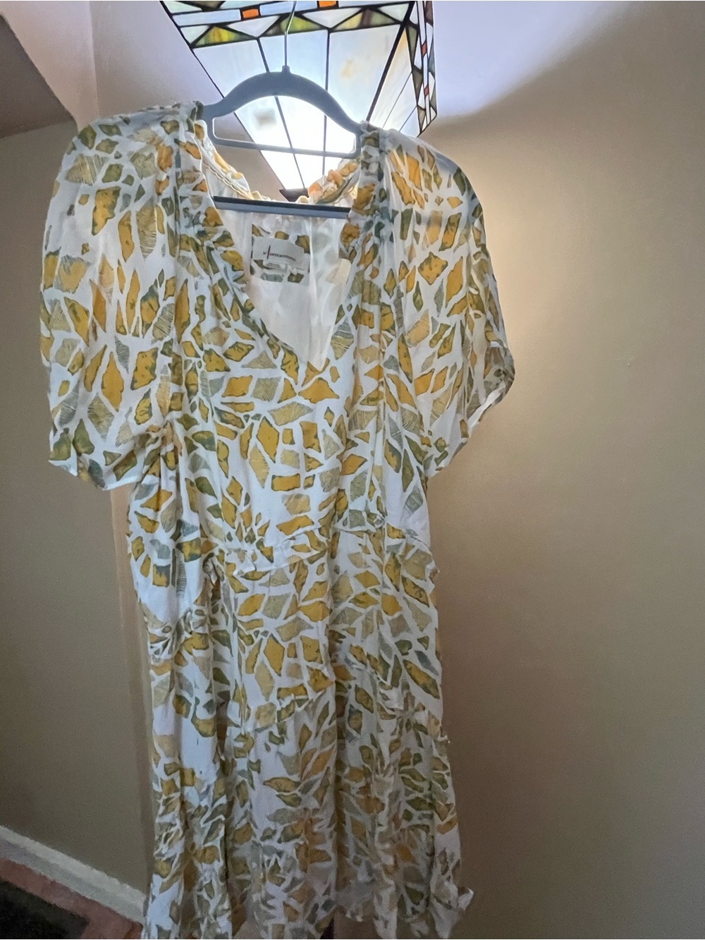 Anthropologie Women’s White Floral Print Dress with Yellow & Green Pattern XL